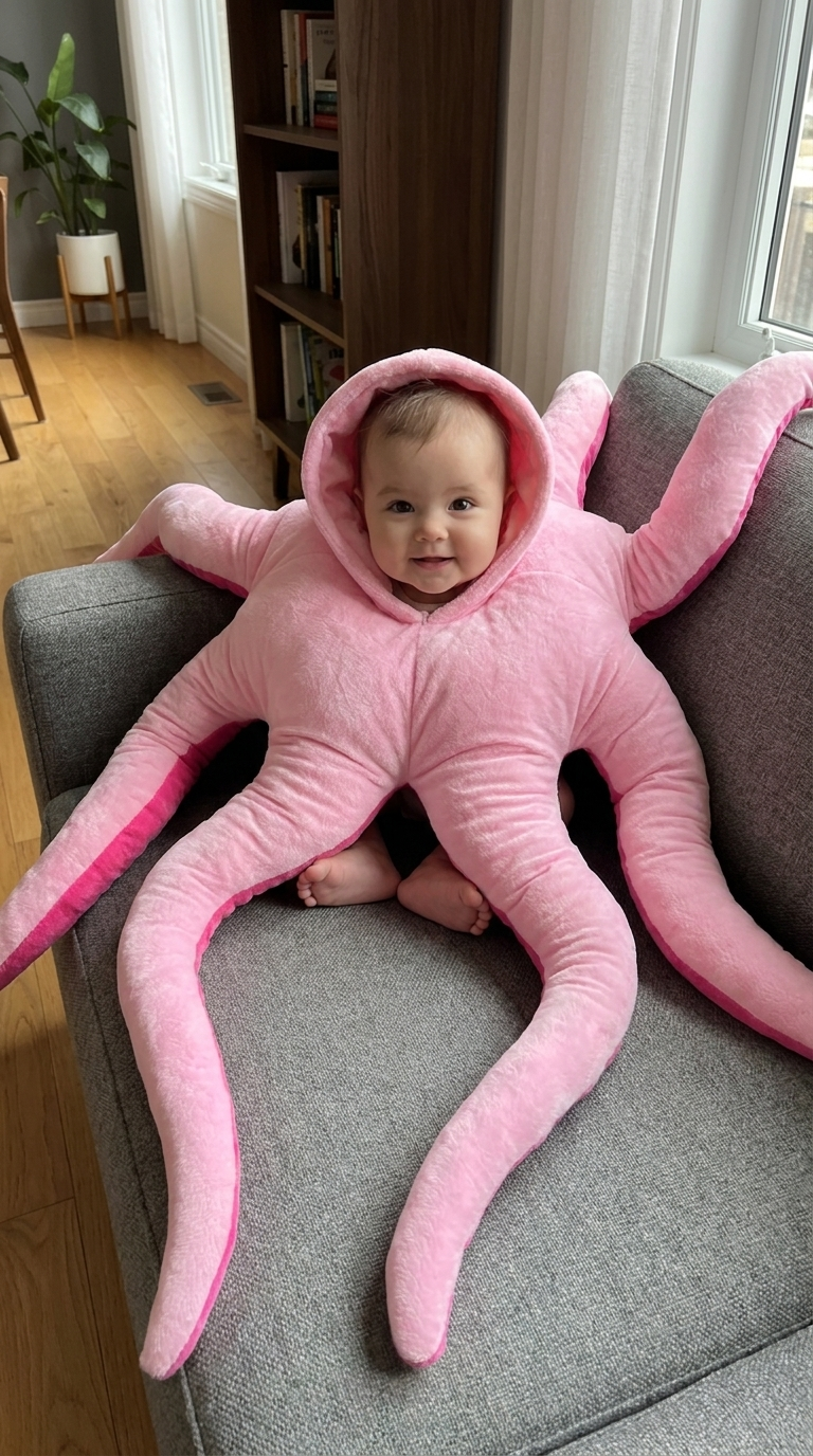 Baby wearing Snuggletopus plush octopus costume 1