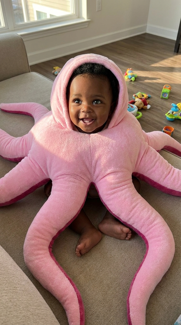 Baby wearing Snuggletopus plush octopus costume 3