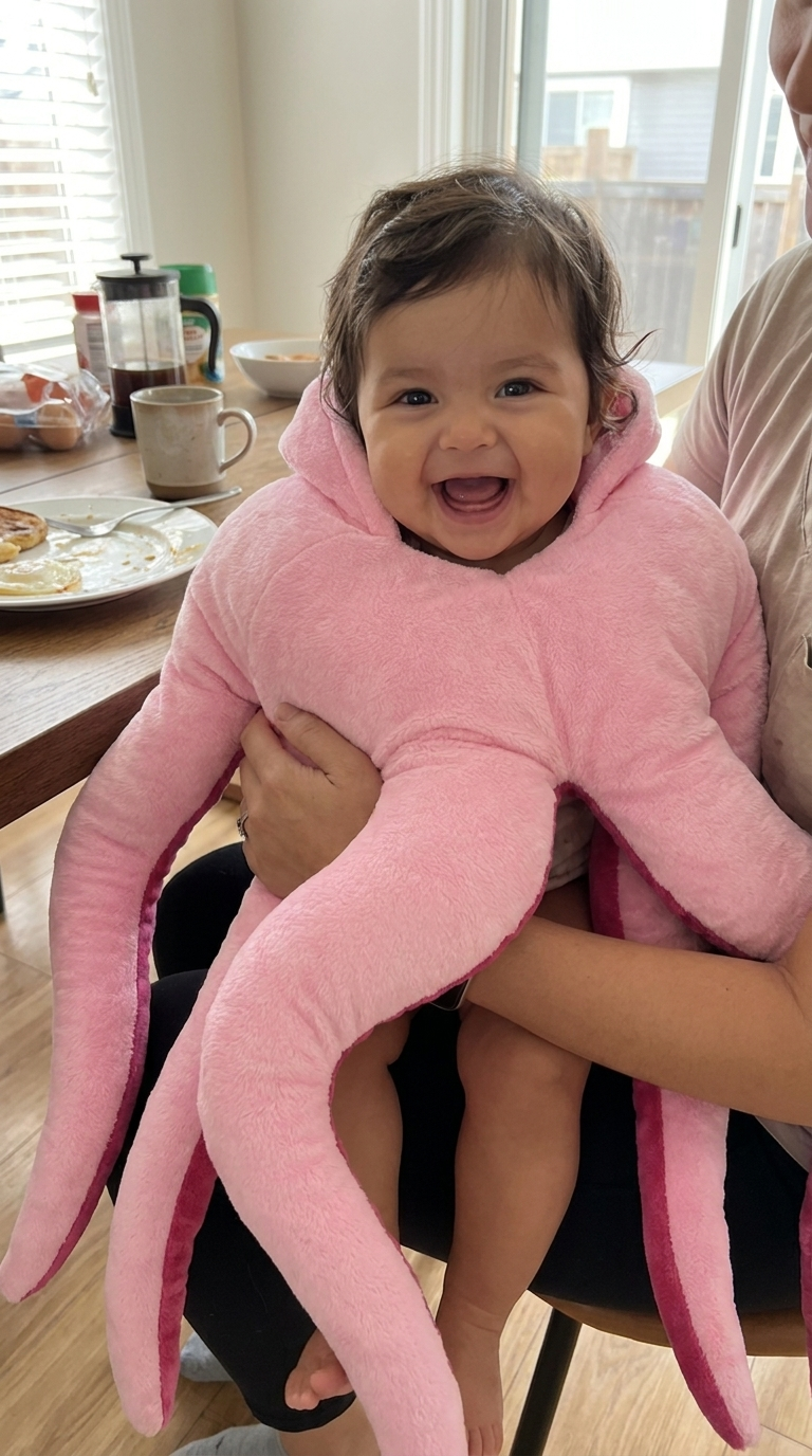 Baby wearing Snuggletopus plush octopus costume 5